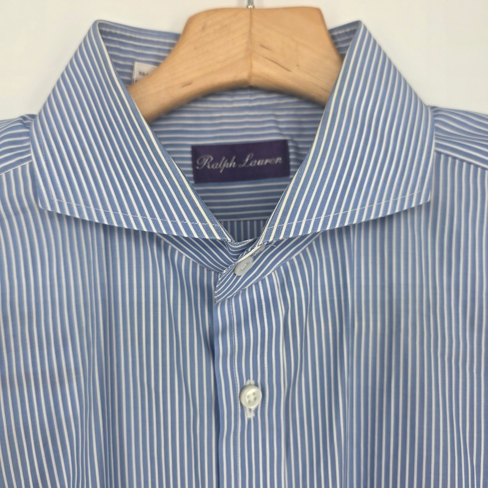 Ralph Lauren Purple Label Mens 17.5 Blue White Striped French Cuff Shirt Italy - Picture 6 of 8
